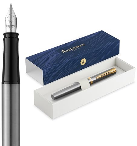 Waterman Impression Füller | Mittlere Feder mit blauer Tintenpatrone | Edelstahl mit goldbeschichtetem Zierrat | Geschenkbox