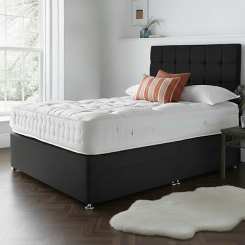 STONEGATE BEDS Super King Bed Set 6 FT with 10 Inch Orthocare Memory Mattress - Black Divan Beds Set with Storage Drawers - Headboard with Chrome Glider Feet 6FT SuperKing Bed - Black Venice