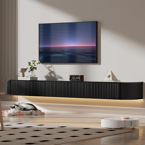 PURFINO Floating TV Stand Unit with RGB LED Light - 220CM Wall Mounted TV Cabinet with Upgraded Storage & Rounded Edges, Modern TV Media Console for 85-95 Inch TVs