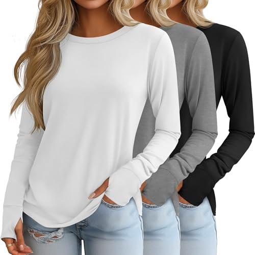 Geyoga 3 Pack Women's Long Sleeve Shirts with Thumb Holes, Cotton Casual Crew Neck Tunic Tops Fall Loose Y2k Trendy Outfits