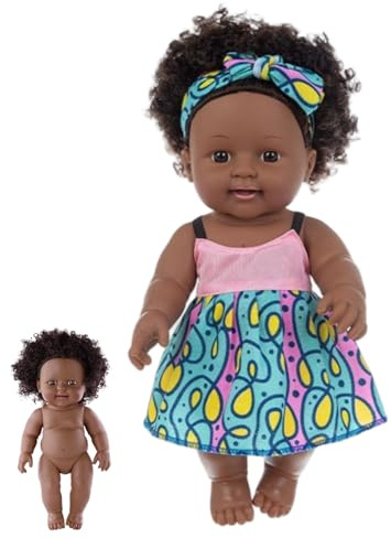 Faticenic Muñecas Negras de Silicona de 12 Pulgadas con Pelo Rizado, muñeca Realista Negra con Vestido para niñas y niños, Decoraciones de Interior