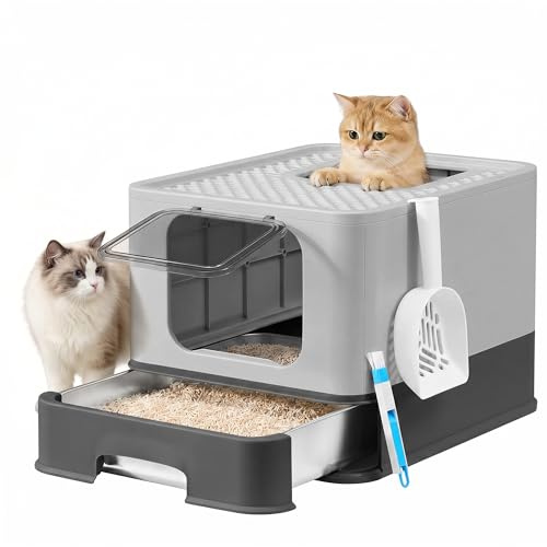 Feandrea Katzenklo Edelstahl, mit Schublade, 2 Eingänge | Katzentoilette, Schaufel, Bürste, für Katzen bis 15 kg, anthrazitgrau-taubengrau, BOXAL Kollektion PPT004B101