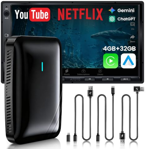 Adaptador CarPlay Inalámbrico Android Auto, AI Box CarPlay Video 3 en 1 para Cable OEM CP/AA, 4G+32G, Doble WiFi y Concentrador Bluetooth IoT, para Netflix/Youtube/TikTok, DriveChat AI Voice, CB4B