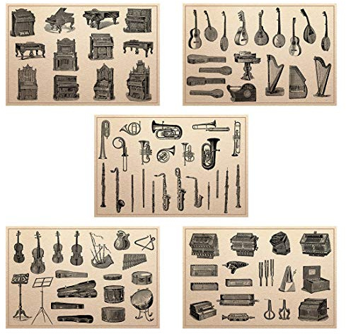 Meishe Art Poster Kunstdrucke Plakatdruck Musikalische Instrumente Musikinstrumente Klavier Gitarre Violine Harfe Drum Kit Flöte Sax Trompete Plakate Drucken Identifizierung Bezug Sammlung Wand Dekor