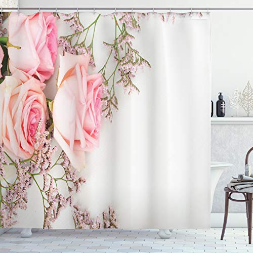 ABAKUHAUS Vintage Rose Duschvorhang, Close up Foto Blumen, Stoffliches Gewebe Badezimmerdekorationsset mit Haken, 175 x 200 cm, Pale Rose Weiß