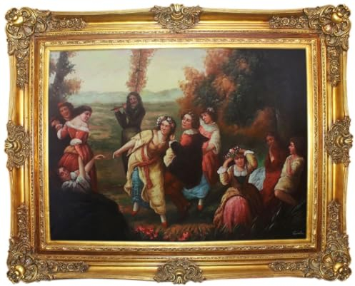 Casa Padrino Barock Ölgemälde Gartenfest Mehrfarbig/Gold 160 x 10 x H. 130 cm - Handgemaltes Gemälde mit prunkvollem Rahmen im Barockstil - Wanddeko im Barockstil