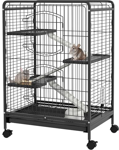 PawHut Cage pour Petits Animaux Roulante 3 Rampes 3 Plates-Formes Plat et Bouteille d'eau Bac Inférieur Amovible Acier PP Noire