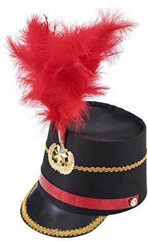 Agoky Kinder Erwachsene Marschieren Band Hut mit Feder Deko Nussknacker Drummer Hut Trommlermütze Performance Kopfabdeckung Cosplay Halloween Schwarz Rot One Size