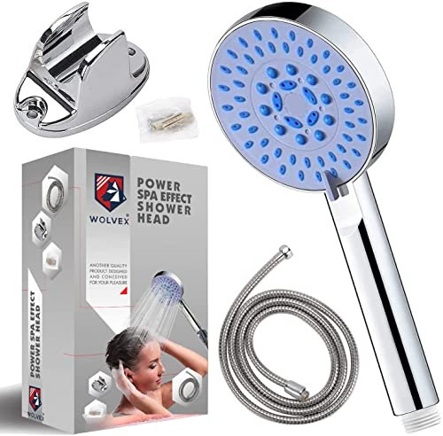 Shower Head, Wolvex® High Pressure Handheld Shower Head with 5 Spray Mode, Universal Water Saving Large Bathroom Shower Heads Set for Low Water Pressure, Chrome Tile Pets (Shower Head With 2.5 M Hose)