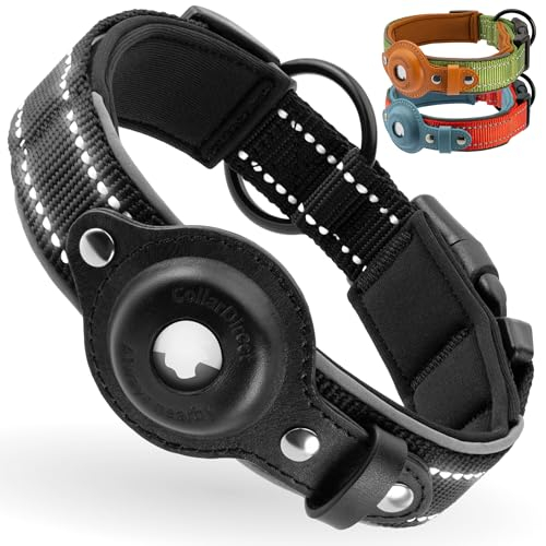 Airtag Hundehalsband, CollarDirect, Reflektierendes Hundehalsband für Apple AirTag für große, mittelgroße und kleine Hunde, Schwarz, Größe L (42-51 cm)