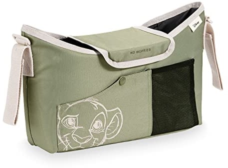 hauck Pushchair Bag, Disney Simba Olive - Großer Kinderwagen Organizer mit Getränkehalter, Reißverschlusstasche & Netztasche, 35 x 10 x 22 cm, Einfache Klettverschluss Befestigung am Kinderbuggy