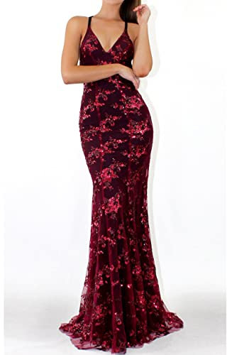 NLAVW Robe de soirée pour Femmes Rose Sexy col en V Profond Moulante Maille Fente Paillettes fête Bal Robe Formelle Robes Robes matures,Rouge,S