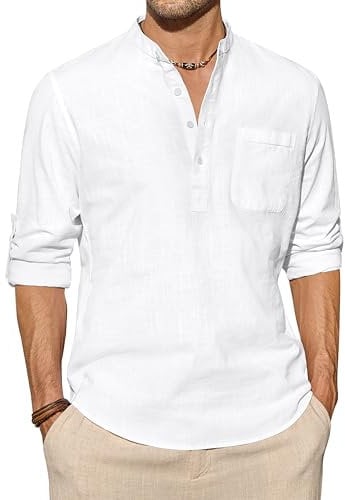J.VER Mens Henley Linen Shirt Casual Grandad Collar Long Sleeve Shirt Lightweight Summer Cotton Beach Shirts with Pocket White L
