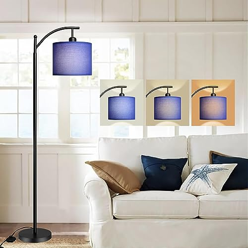 Depuley Lampadaire Arc avec 3 températures de couleur, lampe de pied moderne pour le salon, lampadaires de lecture pour la chambre, ampoule LED 8W incluse, noir avec abat-jour bleu