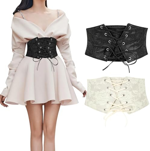 WERFORU 2 Stücke Frauen Taille Korsett Gürtel Tied Waspie Gürtel Halloween Elastische Breite Gürtel für Kleider Schwarz/Beige
