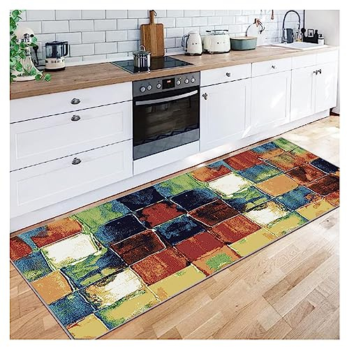 Siunwdiy Teppich Läufer Flur 140X260CM Küche Waschbar rutschfest, Retro Bunt Geometrisches Muster Lang Küchenteppich Flurteppich Teppich Fur Korridor Wohnzimmer Schlafzimmer Meterware Anpassbar