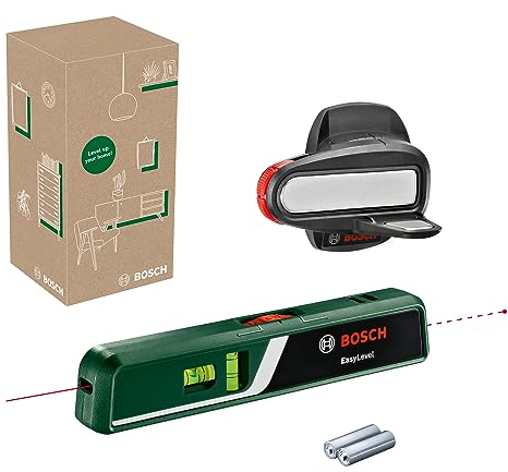 Bosch Niveau laser à bulle EasyLevel avec support mural (ligne laser pour un alignement flexible sur les murs et point laser pour un transfert de hauteur facile, dans boîte carton pour e-commerce)