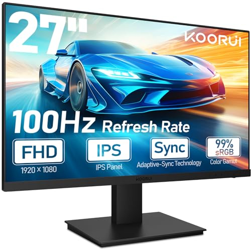 KOORUI 27 Zoll Gaming Monitor, 100Hz Full HD(1920 x 1080) Bildschirm mit integrierten Lautsprechern, HDMI, IPS Display, Neigungsverstellbar, Augenpflege, VESA-Wandmontage