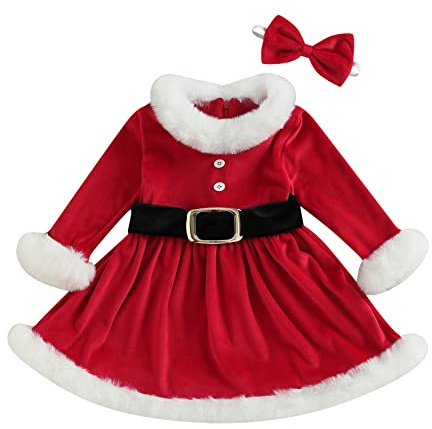 XIXIMAON Robe de Noël Bébé Fille Costume Père Noël Rouge - Déguisement Princesse Tenue de Fête + Bandeau Enfant Fille