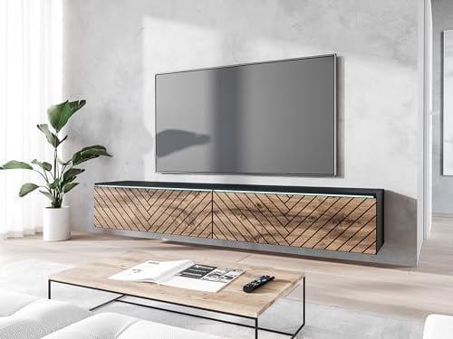 MINIO go for it - Meuble TV Donna, Largeur 180 cm, Lowboard TV, Debout ou Suspendu, Meuble Salon, Panneaux de Particules stratifiés, Style Moderne, Chêne/Noir/Motif Herringbone - sans Éclairage