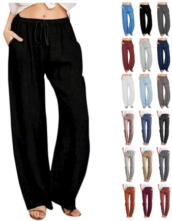 Awrvia Leinenhose Damen Sommer Freizeit Hose Lang Locker Sommerhose Casual Einfarbig Leinenhose Baumwolle Gerades Bein Bequeme Stoffhose Leicht Einfarbig Strandhose mit Kordelzug und Taschen