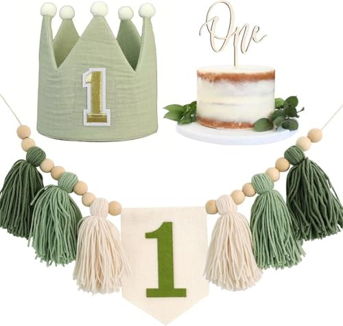 1st Birthday Highchair Banner Decorations For First Boys Khaki Cone Hat With One Cake Topper Photo Backdrop (Green)
