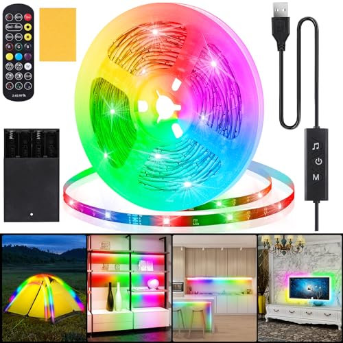 LED Strip Batteriebetrieben, 3M RGB 5050 LED Streifen Batterie mit 16 Millionen Farben,Dimmbar, Selbstklebendes TV Hintergrundbeleuchtung für Schlafzimmer Zuhause Dekoration