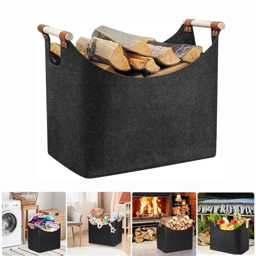 Felt Firewood Basket with Wooden Handle, Extra Thick Firewood Bag for Indoor Outdoor Fireplace, Felt Firewood Basket Bag Foldable Felt Basket for Wood, Newspaper, Firewood or Shopping(XL)