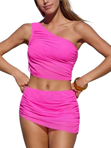 CUPSHE Bikini da donna, due pezzi, monospalla increspato, a vita media, gonna asimmetrica, Rosa fluo, L