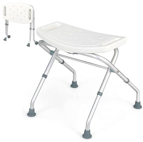 HOMFME Folding Shower Chair, 3 Levels Height Adjustable Shower Stool with Handles, Non Slip Foot Pads, Bathroom Bath Chair Bath Tub Shower Seat for Elderly Handicap Disabled Pregnant