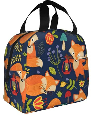 GaxfjRu Bolsa de almuerzo con diseño de flores de zorro de animales - Bolsa de almuerzo aislada y versátil, adecuada para lonchera Bento