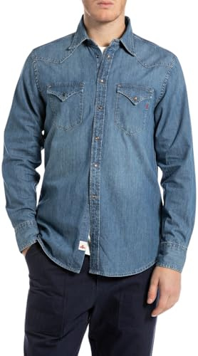 Replay Herren Jeanshemd Langarm aus Baumwolle, Medium Blue 009 (Blau), L