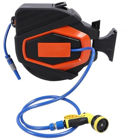 Luqeeg Carril de Manguera de Agua Retráctil con 10 Boquillas de Patrón, 30+2 M de Longitud de la Manguera, Soporte Giratorio de 180 °, Rebobinado Automático para Jardín, Riego de