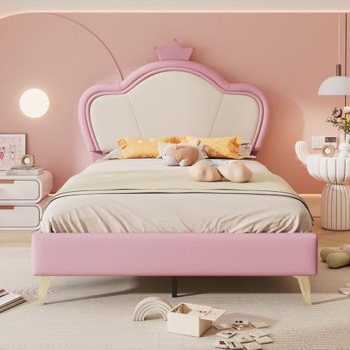 JiaOyu Kinderbett 90x200cm, Einzelbett Prinzessinnenbett für Mädchen mit Kronen-Design Kopfteil, gemütliches Polsterbett für fantasievolle Kinderzimmer,ohne Matratze(Rosa+Weiß, 90x200cm)