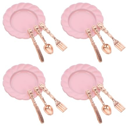 BCOATH Mini Vajilla de Aleación para Casa de Muñecas 4 Platos Rosas Miniatura y 12 Cubiertos Cucharas Tenedores y Cuchillos en Rosa Dorado para Decoración y Juego Educativo
