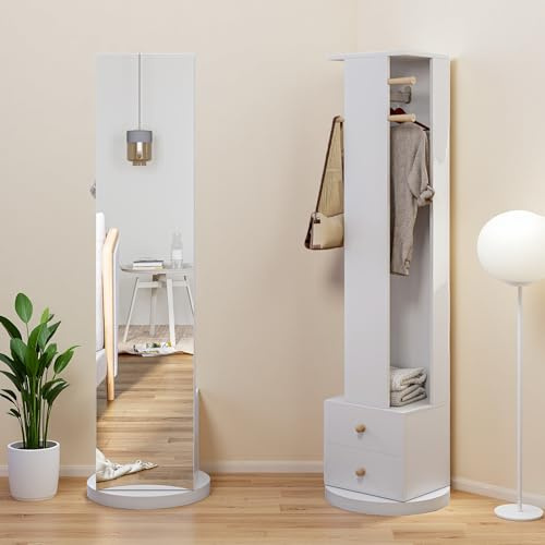 Henunem Miroir sur Pied, 3 en 1 Miroirs à Poser au Sol, Rotatif à 360°, 165 x 45 cm, avec Socle, Étagères et Crochets, Verre Trempé Haute Définition, pour Chambre, Salon, Blanc