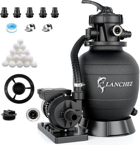 LANCHEZ Sandfilteranlage 9.000 L/h, 7-Wege-Ventil, 200g Filterbälle, Sandfilterkessel für Pool, Tankvolumen Maximal 10 kg Sand, 2in1 Adapter Ø32mm-38mm
