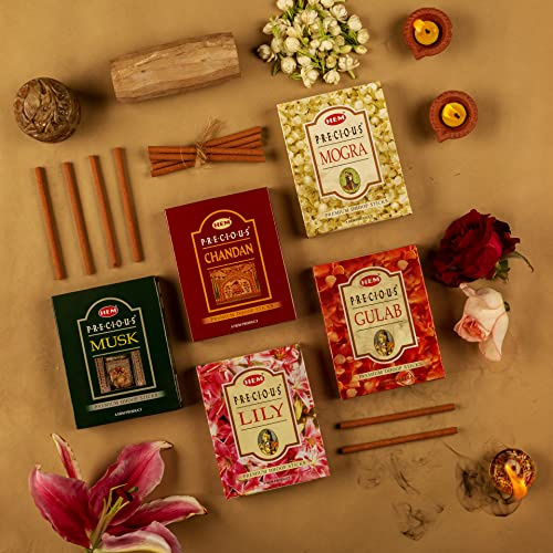 HEM Precious 5 Variant Assorted Incense Dhoop Sticks Set (5 Packets of 60g Each) | Fragrances - Chandan, Gulab, Mogra, Lily & Musk | Pooja Room Items for Home & Prayers