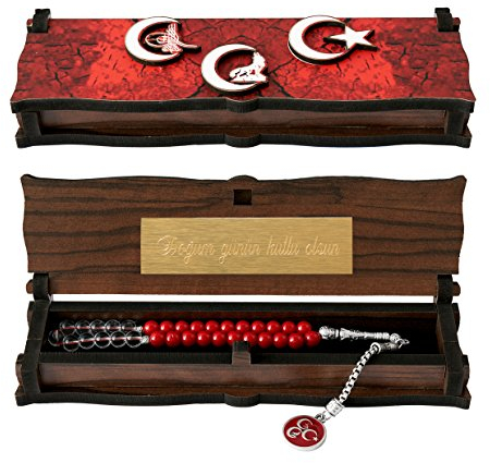 Gök-Türk Box Schatulle MIT Gravur aus Holz Handgemacht & Tesbih Gebetskette '3 Hilal' Tugra Wolf Bozkurt Rot, ColorName:mit Gravur
