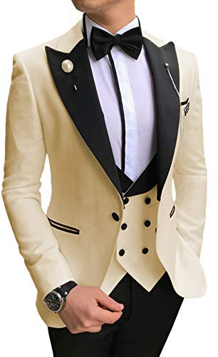 Costume trois pièces pour homme, coupe ajustée, smoking formel pour marié (blazer + gilet + pantalon) - beige - 46