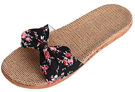 Sandales Ouvert Plates Femmes en Lin Antidéparant Chaussons d'Intérieur Maison Eté Respirant avec Noeud Papillon,37/38 EU,Noir avec Fleurs