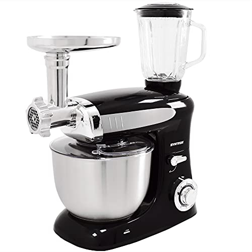 Syntrox Germany KM-1300W Black de Luxe - Robot de cocina con picadora de carne, recipiente de acero inoxidable, 6,5 litros, color negro