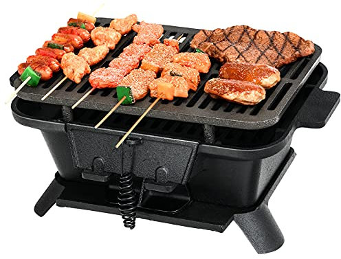 Happygrill Holzkohlegrill Tragbarer Grill Smoker Grill, Gusseisen Hibachi Grill mit doppelseitigem Grillnetz Luftregulierende Tür Feuerschutzgitter für Outdoor Kochen Camping Wandern Party