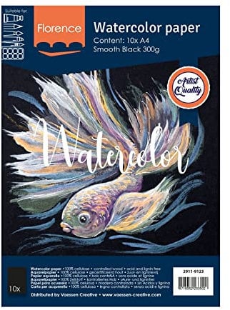 Florence Carta per Acquerello - Liscia - 10x - Carta per Pittura ad Acqua A4 - Nero - Blocco da Disegno e Libro d'Arte per Disegno, Carta Artistica e Acquerello - 300 gsm