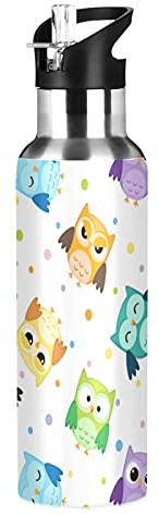 Vnurnrn Mignon Bébé Hibou Oiseau À Pois Bouteille d'eau Isotherme avec Paille en Acier Inoxydable Gourde 600ML, Sans Bpa Gourdes Eau pour Enfant Sport Randonnée École Bureau