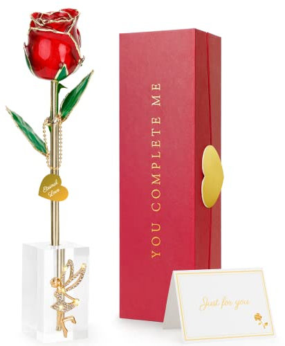 Rose véritable trempée en or 24 carats, cadeau pour femme/maman, rose éternelle 24 carats avec support en cristal, cadeau fait à la main pour femme pour un anniversaire, la Saint-Valentin, la fête des