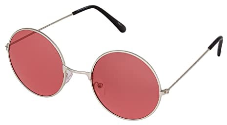 Ultra Silver with Red Lenses UV400 Round Sunglasses for Men & Women - Unisex Retro Large Round Glasses with Spring Comfort Fit Hinges - UVA UVB Protection Circle Sunglasses - Metal Framed