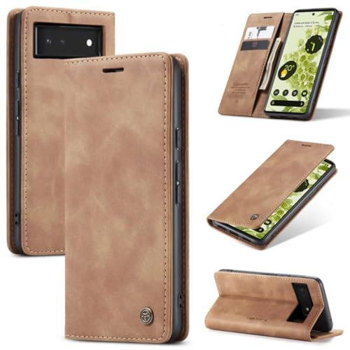 SLWYF Handyhülle für Google Pixel 6 Hülle, PU Leder Flip Tasche Klappbar Magnet Wallet Lederhülle, Silikon Bumper Klapphülle Case mit Kartenfäch für Google Pixel 6, Braun