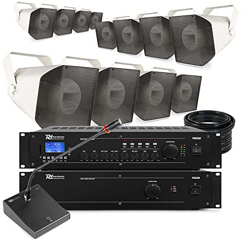Power Dynamics HS650 Horn Speaker System - Commercial Outdoor Speakers with Bluetooth, Paging Mic & Amplifier - IP66 Weatherproof - 12 Speakers, School & Sports Venue Audio PA Solution