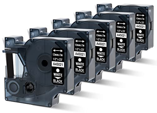 Oozmas Compatible Label Tape Replacement for D1 Tape 45021 White on Black 12mm x 7m, Compatible with Dymo LabelManager 160 210D 360D 420P 450D, 5-Pack